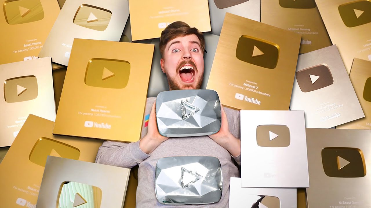 Stacked YouTube subscriber plaques from every milestone.