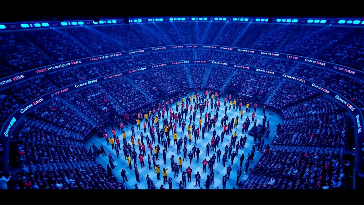 Aerial shot of hundreds of contestants inside the Beast Games arena