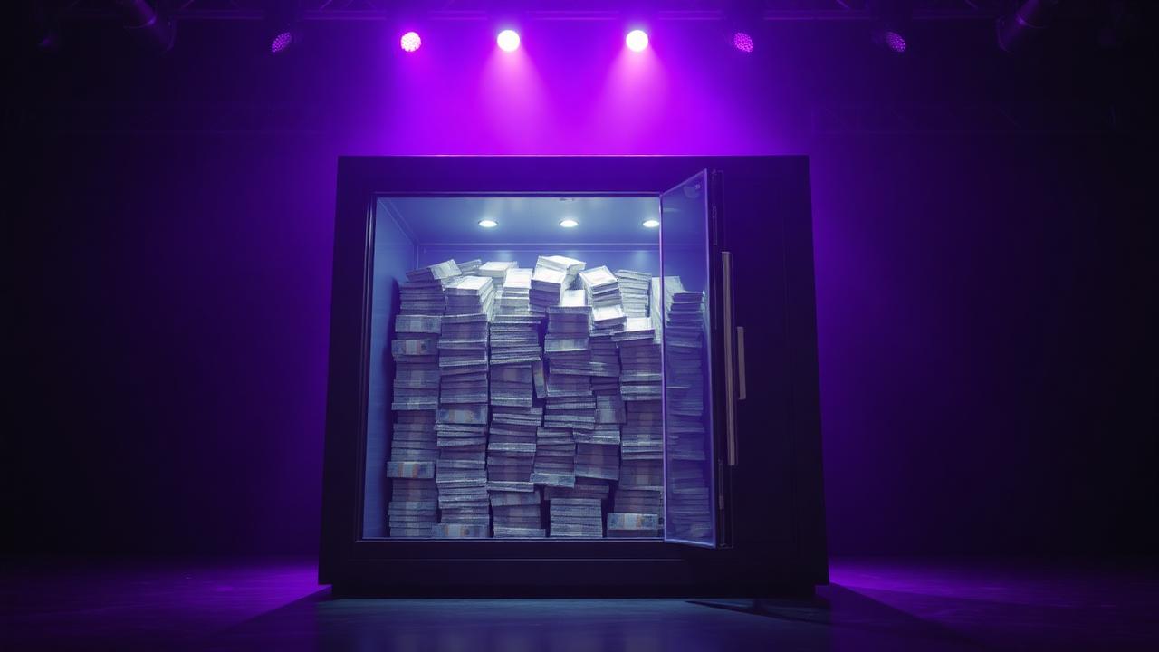 Giant transparent vault filled with cash under spotlight