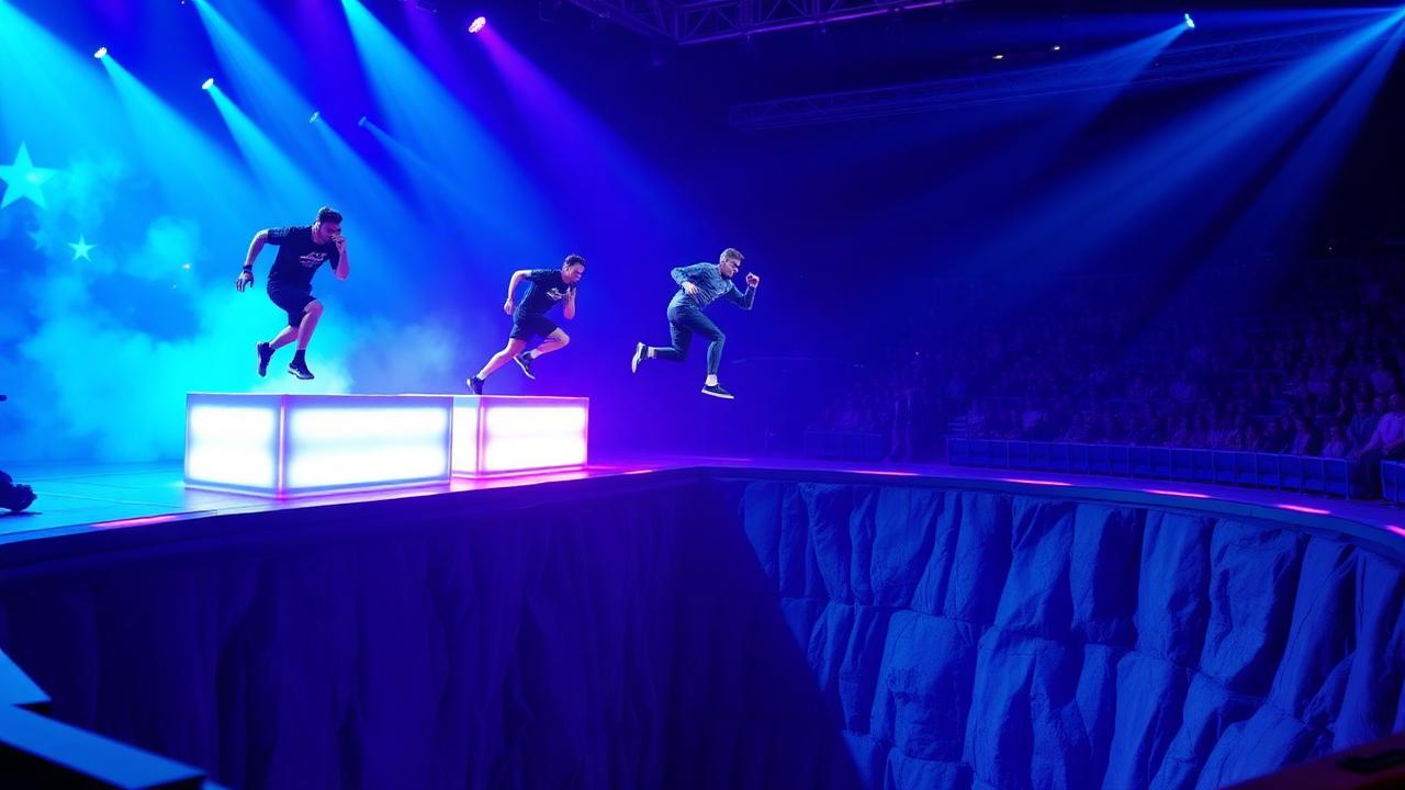 Contestants racing across elevated platforms during an elimination challenge