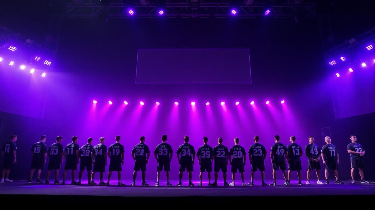 Numbered contestants lined up on stage under dramatic lighting