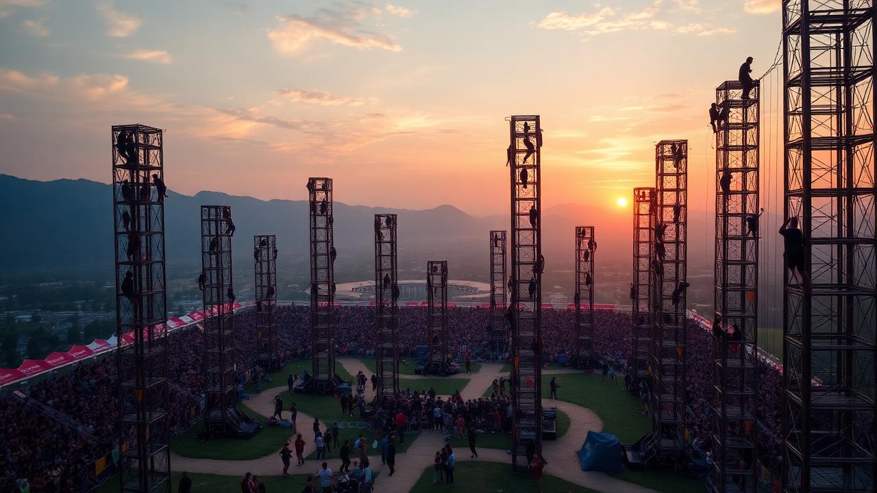 Massive outdoor obstacle course filled with players at sunset